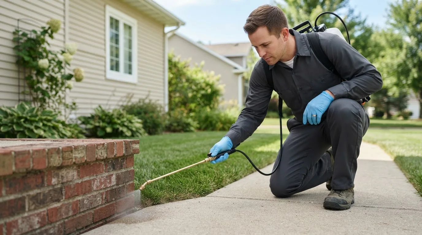 Pest control technician treating a home near Thornton, WA